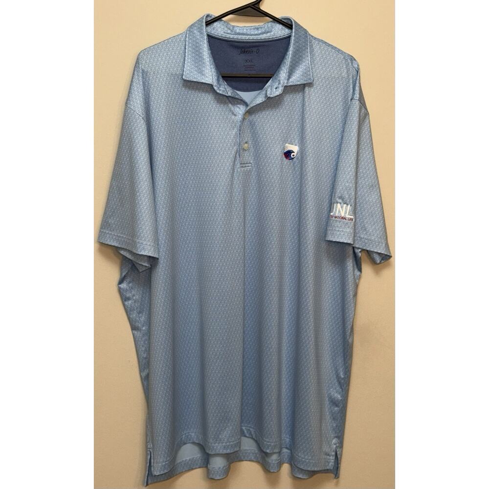 Johnnie-O Golf Blue Polo Shirt Men's All Over Print Stretch Performance Size 2XL